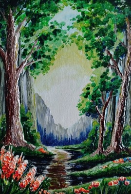  original Acrylik Textured painting hardboard  abstraction landscape trees 8×12''