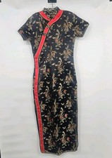 Black Cheongsam Dress Satin Brocade Mandarin Collar Frog Closures 40 Flaw 
