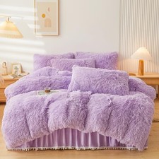 Fluffy Faux Fur Comforter Cover Set  Fluffy Fuzzy Plush Lilac Queen Lavender