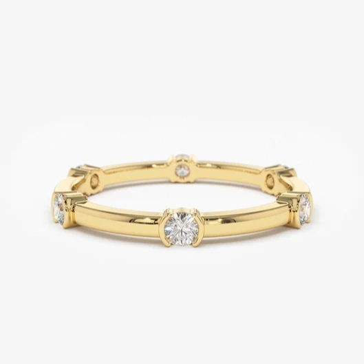 Round Cut 0.60CT Lab Grown Diamond Women Half Bezel Set Ring In 10K Yellow Gold