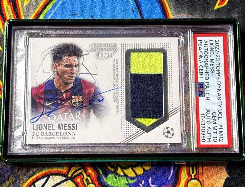 Lionel Messi 10/10 Jersey # 2022 Topps Dynasty UEFA Match-Worn Patch Auto PSA 10 view 1