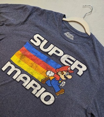 Super Mario T-Shirt Adult Size XL Blue Rainbow Stripes Running Retro Striped