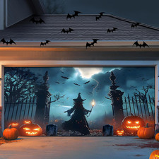 7X16Ft Halloween Garage Door Cover, Large Banner for 2-Car Garage Door