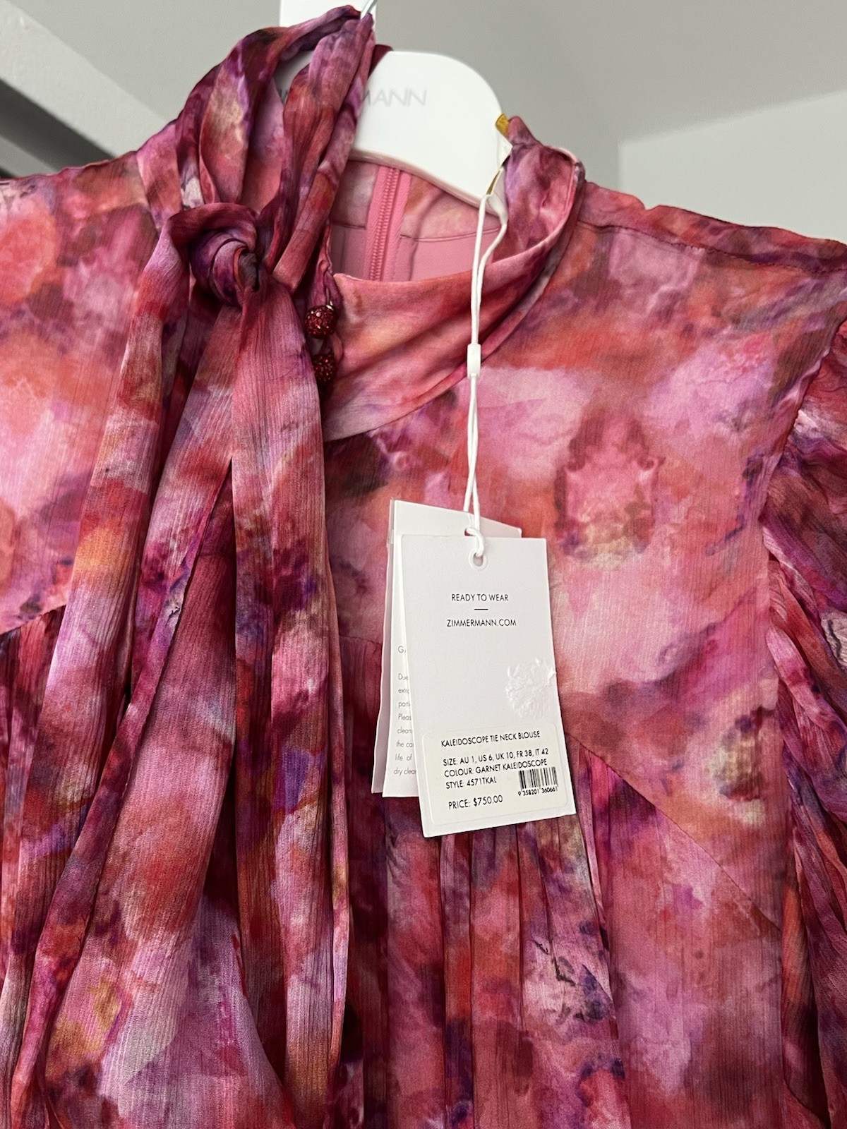 NWT Zimmermann KALEIDOSCOPE TIE NECK BLOUSE Pink Size AU 1/ US6