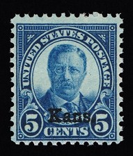 EXCELLENT GENUINE SCOTT #663 F-VF MINT PRISTINE OG NH 5₵ BLUE KANSAS OVERPRINT