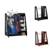 Wooden Golf Bag Organizer w/Wheels Stylish Golf Storage Rack Holds 2 Golf Bags