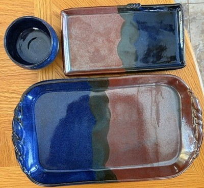Handmade Studio Pottery 3 Pc Serving Set 2003 Blue Copper Glazed Stoneware