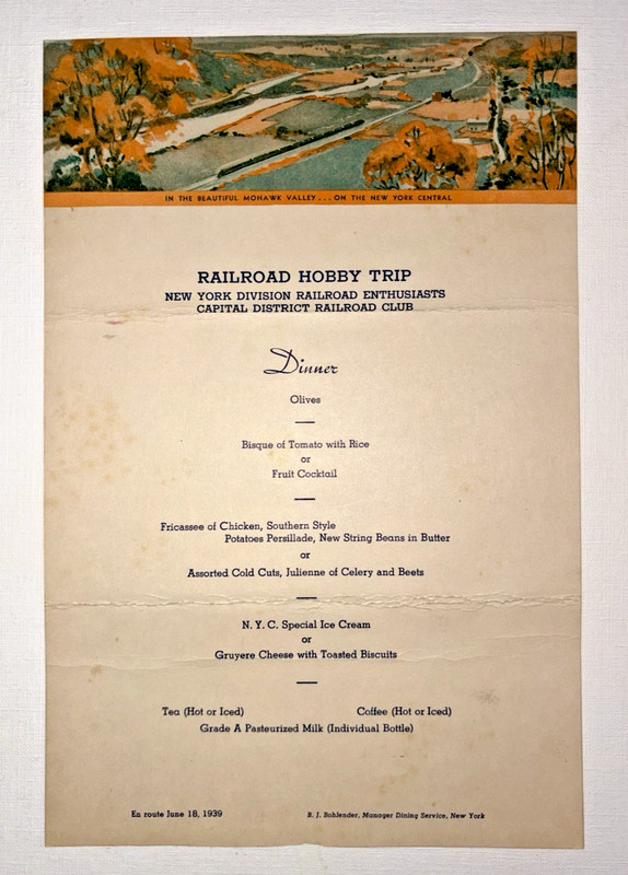 1939 Railroad Hobby Trip Menu, New York Central Railroad