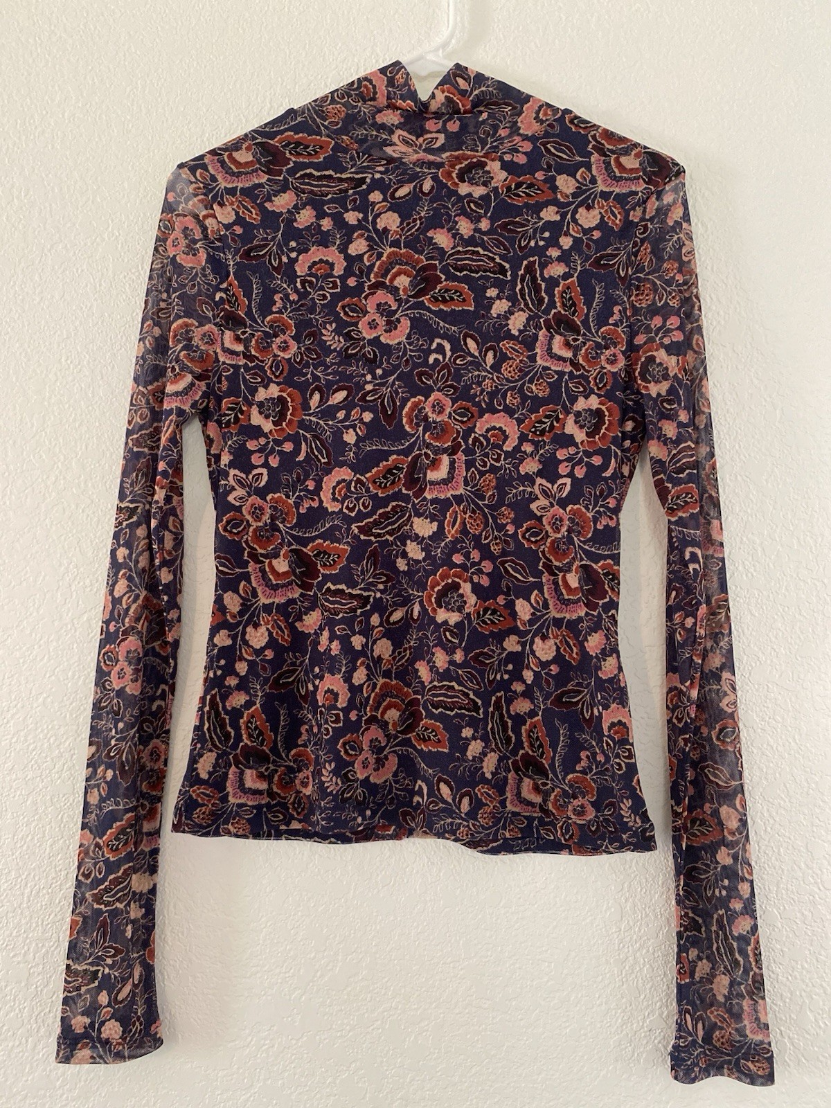 Y2K EVEREVE Tia Mesh Turtleneck Floral Paisley Top Long Sleeve Semi Sheer Size M