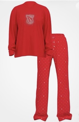 Victoria s Secret Flannel Long-Sleeve Tee-Jama, Red PolkaDot, Med/REG