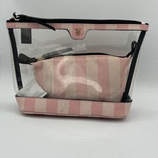 Victoria  s Secret Makeup Bag 2 Piece Set Pink Iconic Stripes NEW With Tags