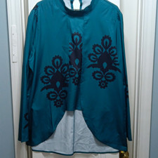 Women  s Blue Floral Print Long Sleeve Kurta Tunic Top, Polyester Satin, XXL