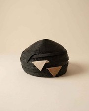 Vintage 1960s Black Straw Pillbox Hat Mod Cocktail Hat Geometric Ribbon