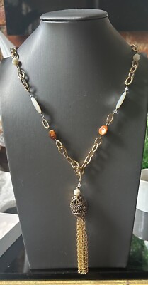 Vintage Barse gold tone tassel necklace with mother of pearl beads 29  Long