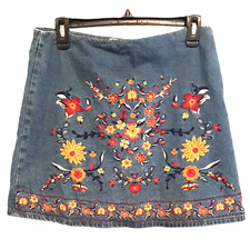 Size Large Floral Embroidered Blue Jean Denim Skirt by Harper Heritage