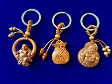 Set of three Sturdy Lucky Buddha Key rings + Wooden + Fast Shipping