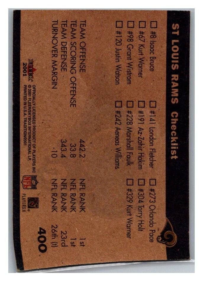 2001 Fleer Tradition Leaders Marshall Faulk, Kurt Warner, Torry Holt #400 TC7998 - Image 2 of 2