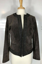 Chicos Suede Leather Jacket Womens Size 1 Brown With Piping Hook And Eye Closure