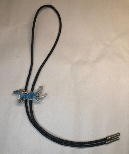 Corbata vintage Bolo turquesa caballo galopante tono plata cuero tejido suroeste - Imagen 5 de 8