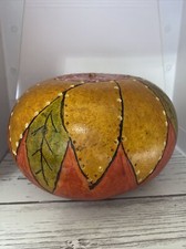 Boho Hand Punched Hand Painted Gourd Leaves Sunflower Design 5-1/4 Deep