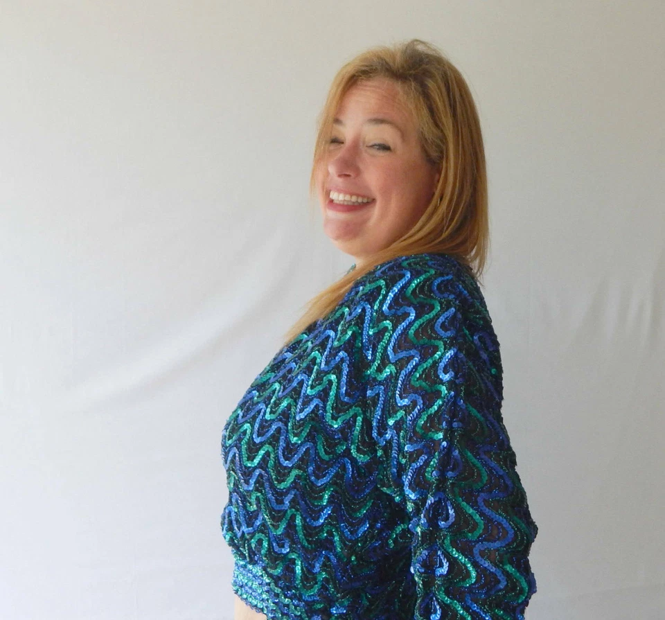 Vintage Sequin Slouch Crop Top Womens LRG Blue and Green Shoulder Pads 1980s - Image 4 of 4