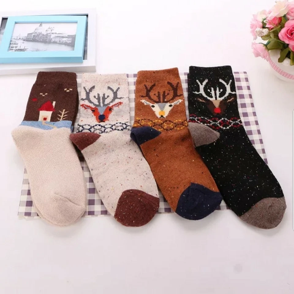 4 Pairs Women Wool Socks – Cute Animal Design, well knitted Thick warm crew sock - Image 2 of 4