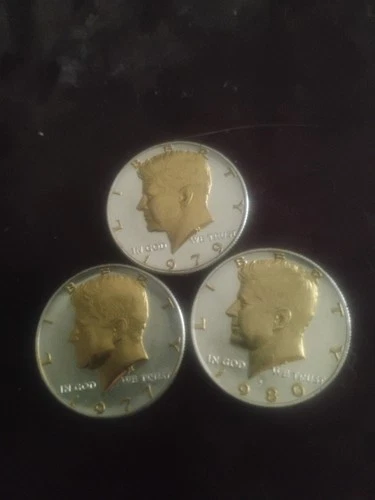 Three Kennedy Half Dollars Gold Plated Over Silver And Enameled Uncirculated