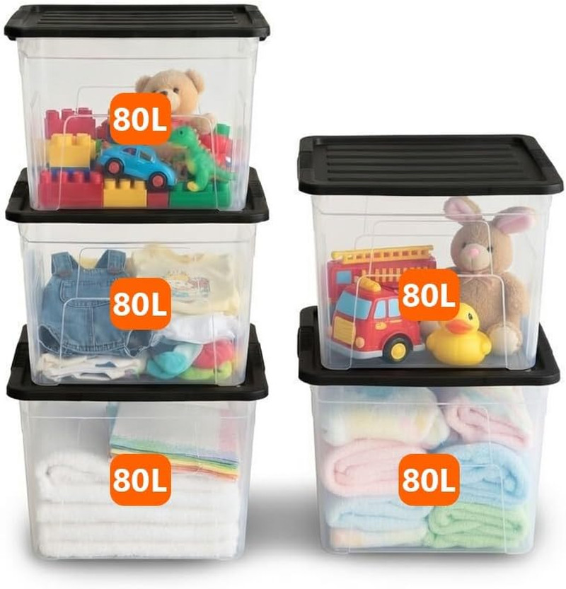ORGANIZED Plastic Storage Boxes with Lids 80L - Pack of 5 | Large Clear Stackabl