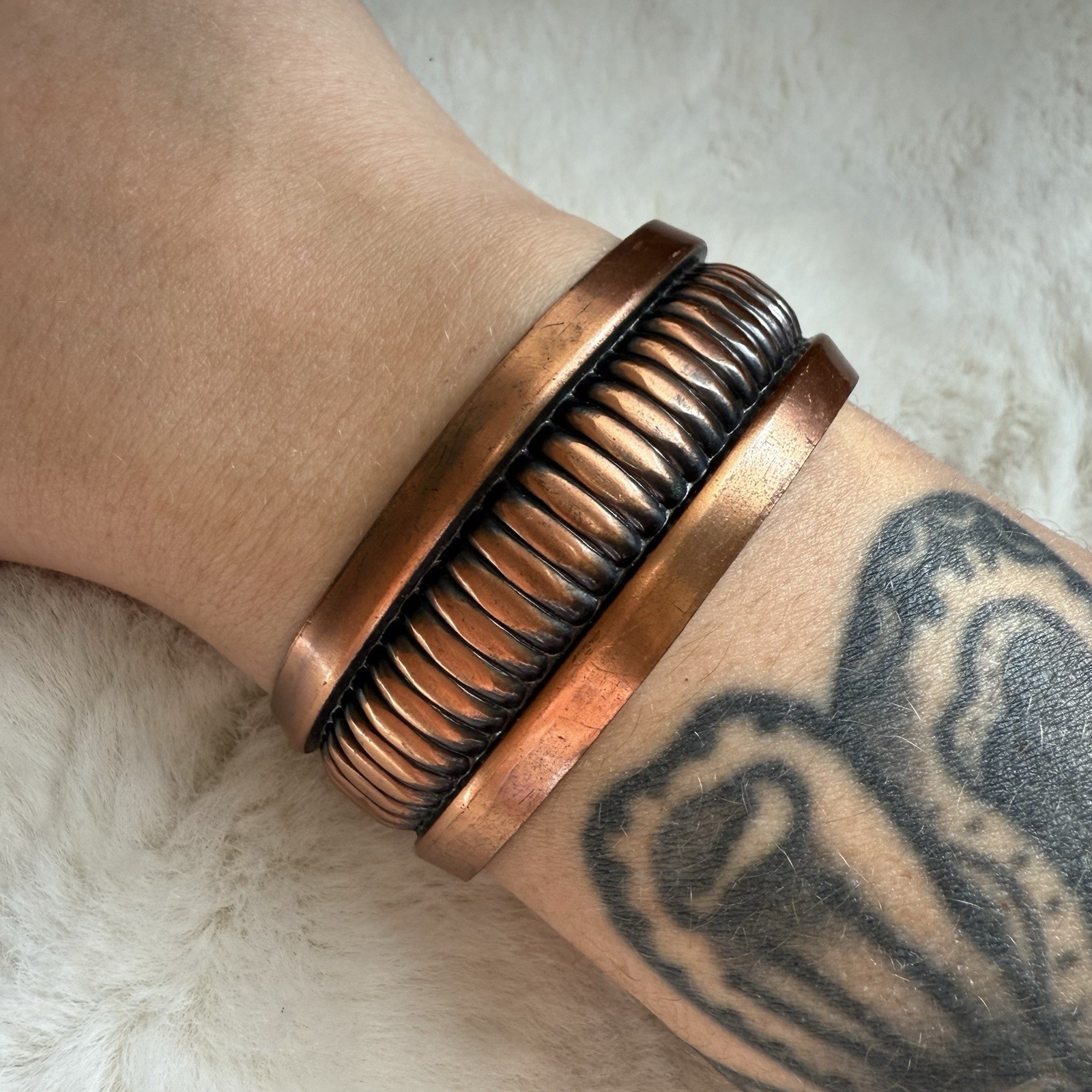 Vintage Solid Copper Ridged Textured Bracelet Cuf… - image 1