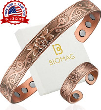 Pure Copper Magnetic Bracelet and Ring Set Engraved Therapy Cuff Jewelry Gifts