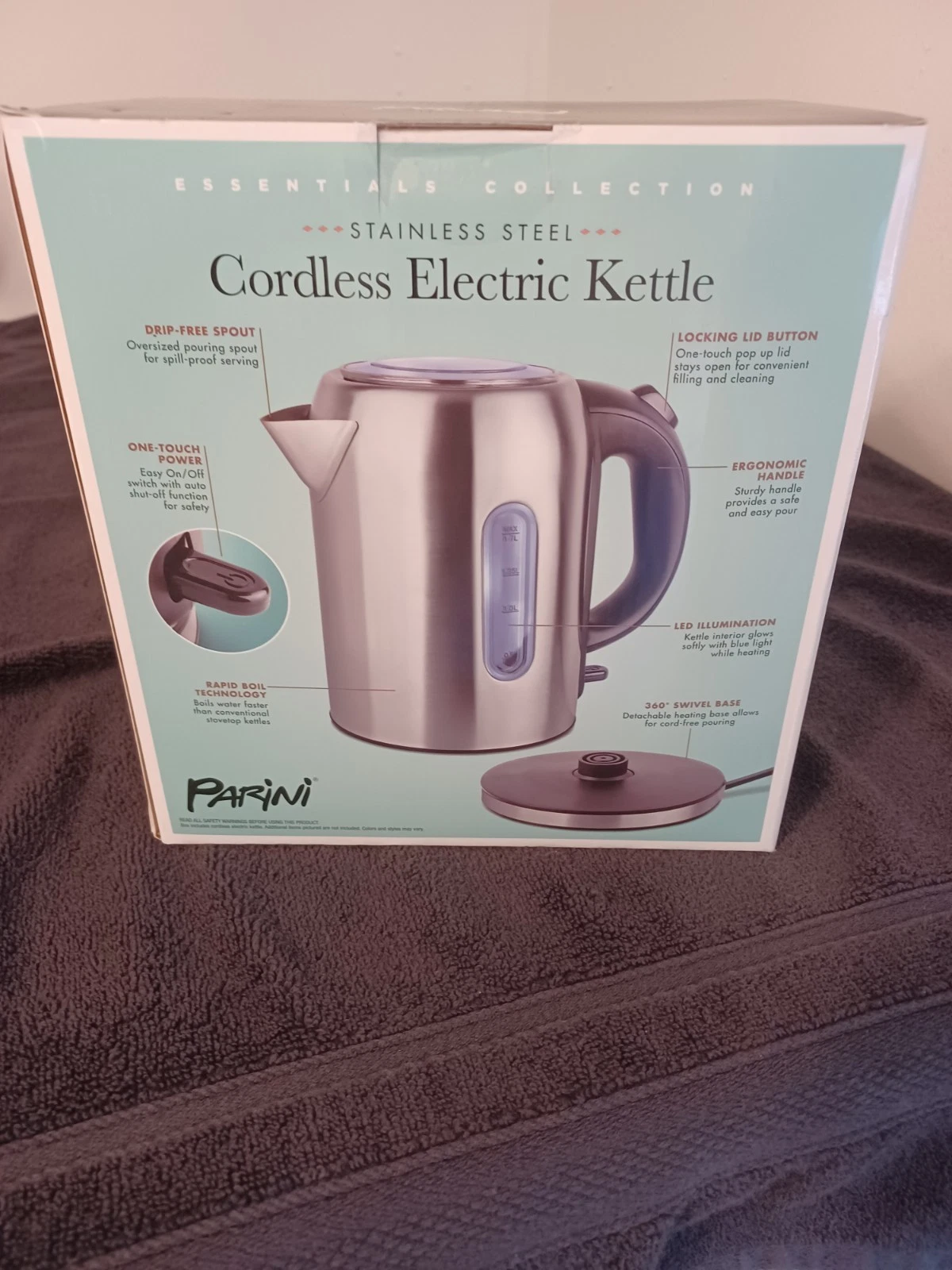 PARINI STAINLESS STEEL CORDLESS ELECTRIC KETTLE 1.7 LITER ONE TOUCH POWER