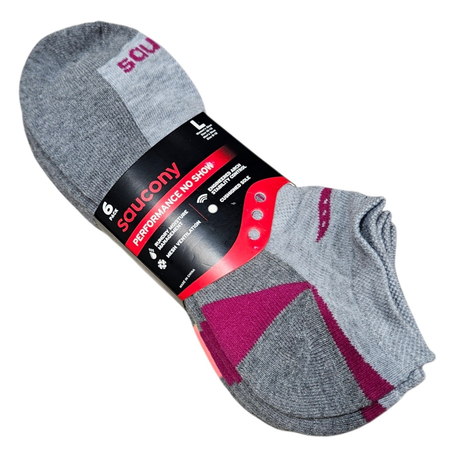 Saucony Performance No Show Socks Womens L 10-13 Grey NWT 6-Pack Arch Support