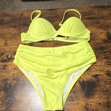 Women’s Yellow Solid 2-Piece Bikini Set S High-Waisted Bottom Adjustable Straps