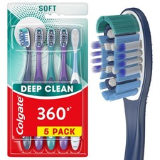 Colgate 360 Whole Mouth Clean Toothbrush, Adult Soft Toothbrushes, 5 Pack, Multi