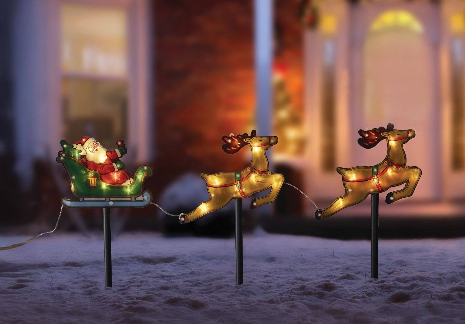 Santa Reindeer Sleigh Light Stakes Battery Timer Outdoor Christmas Decoration
