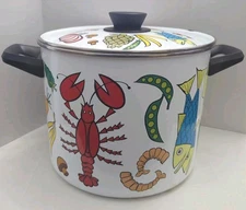 San Ignacio Enamel 4 Qt Stock Pot w/ Lid Steam Basket MCM Lobster Fish Veggies