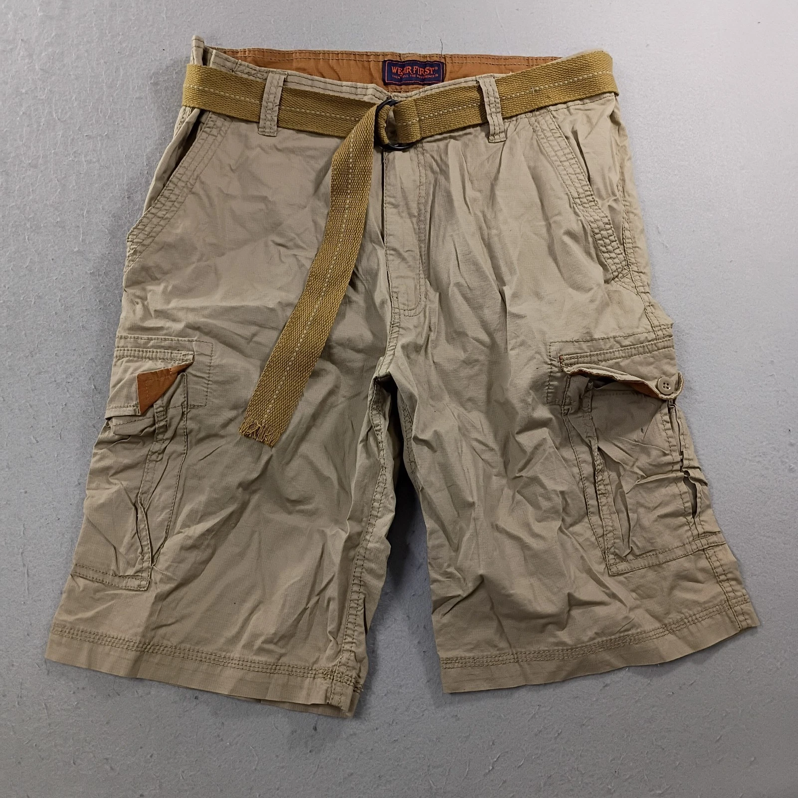 Wear First Cargo Shorts Mens Belted Outdoor Utility Stretch Brown Actual Size 35