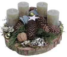 Adventsgesteck Birkenscheibe mit 4 Rustik-Kerzen olive CreaFlor Home