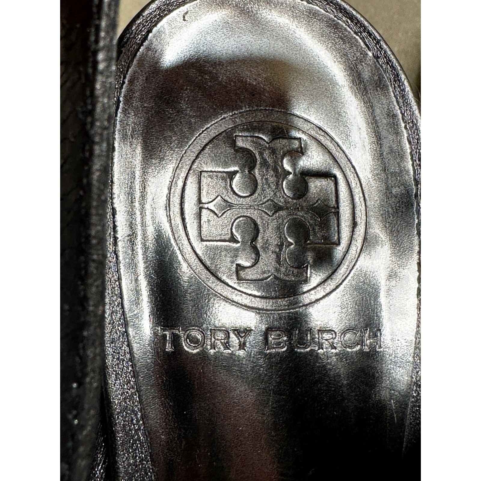 Tory Burch Dk Gray Metallic Leather Anthracite Satin Straps Heels Sandals Sz 9.5 thumbnail 7