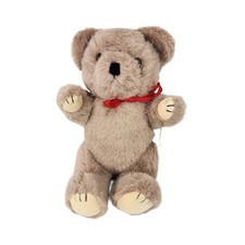 Vintage Brown Teddy Bear Plush Red Ribbon Soft Stuffed Animal Toy