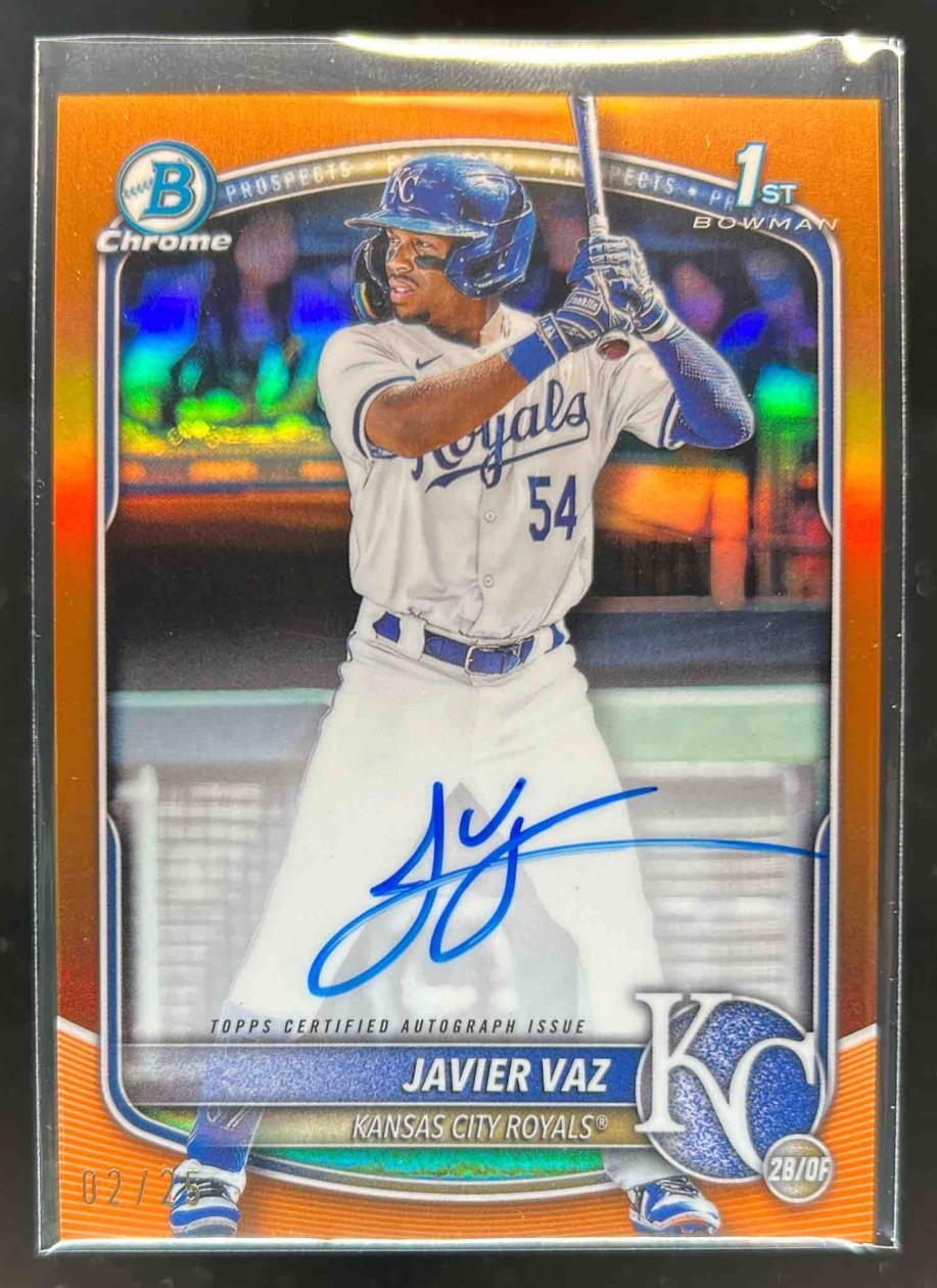 2025 Bowman Javier Vaz Chrome Auto 1st Prospect Orange Refractor #2/25 Royals