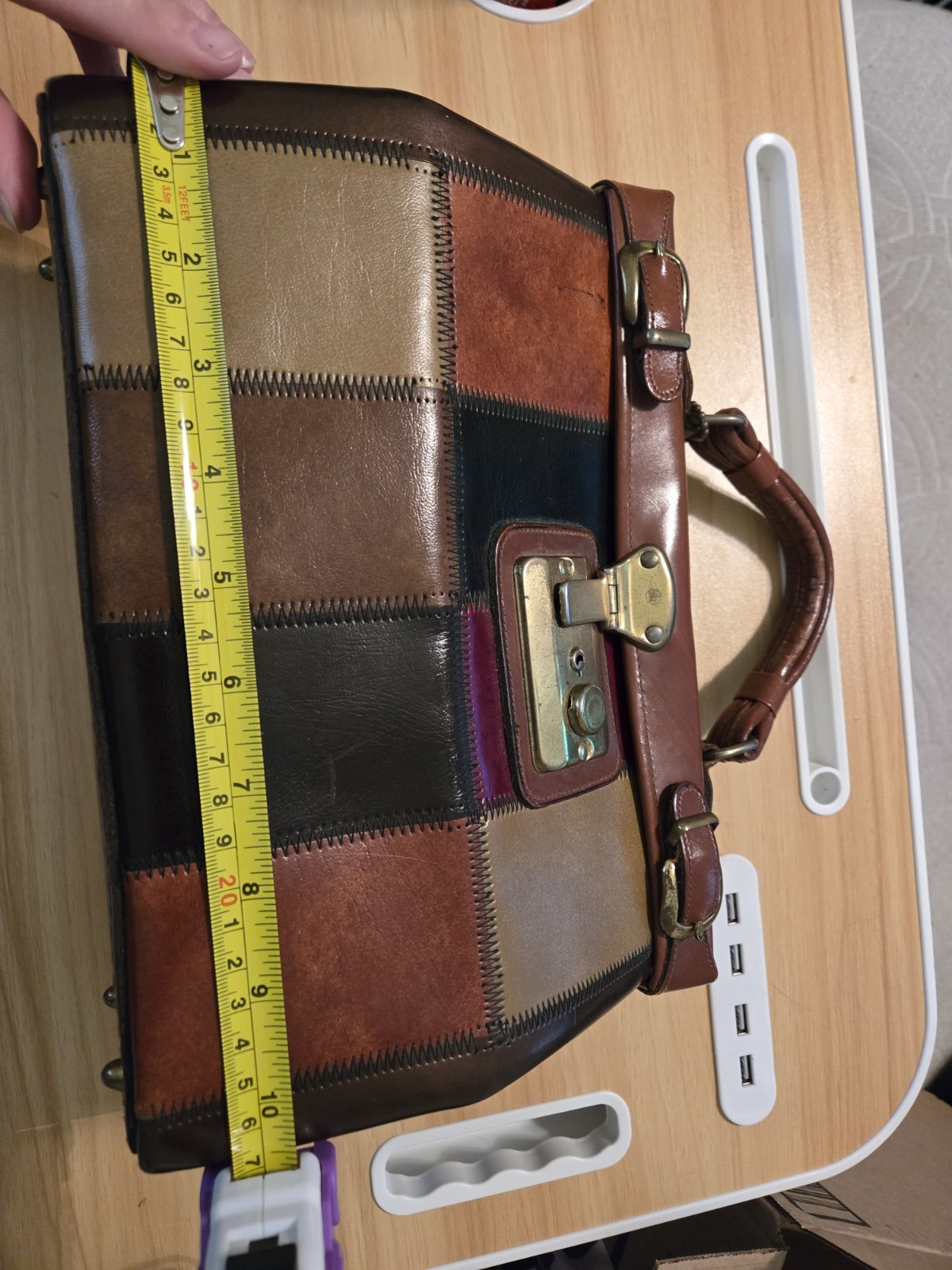 Vintage Leather Patchwork Handbag With Lock And K… - image 6