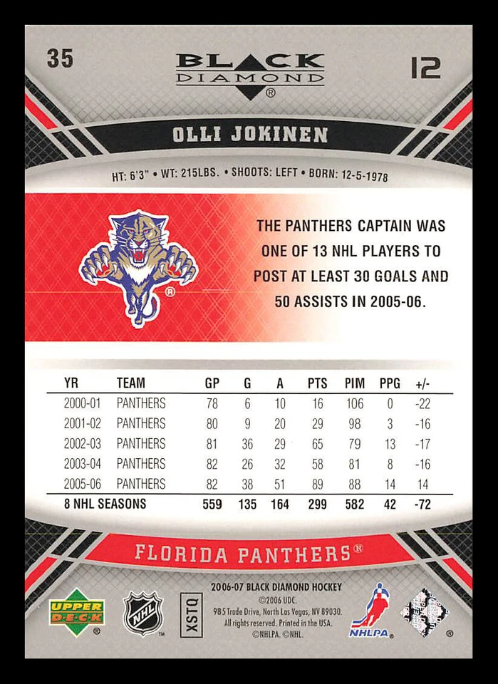 Olli Jokinen #35 2006-07 Upper Deck Black Diamond Florida Panthers - Image 2 of 2