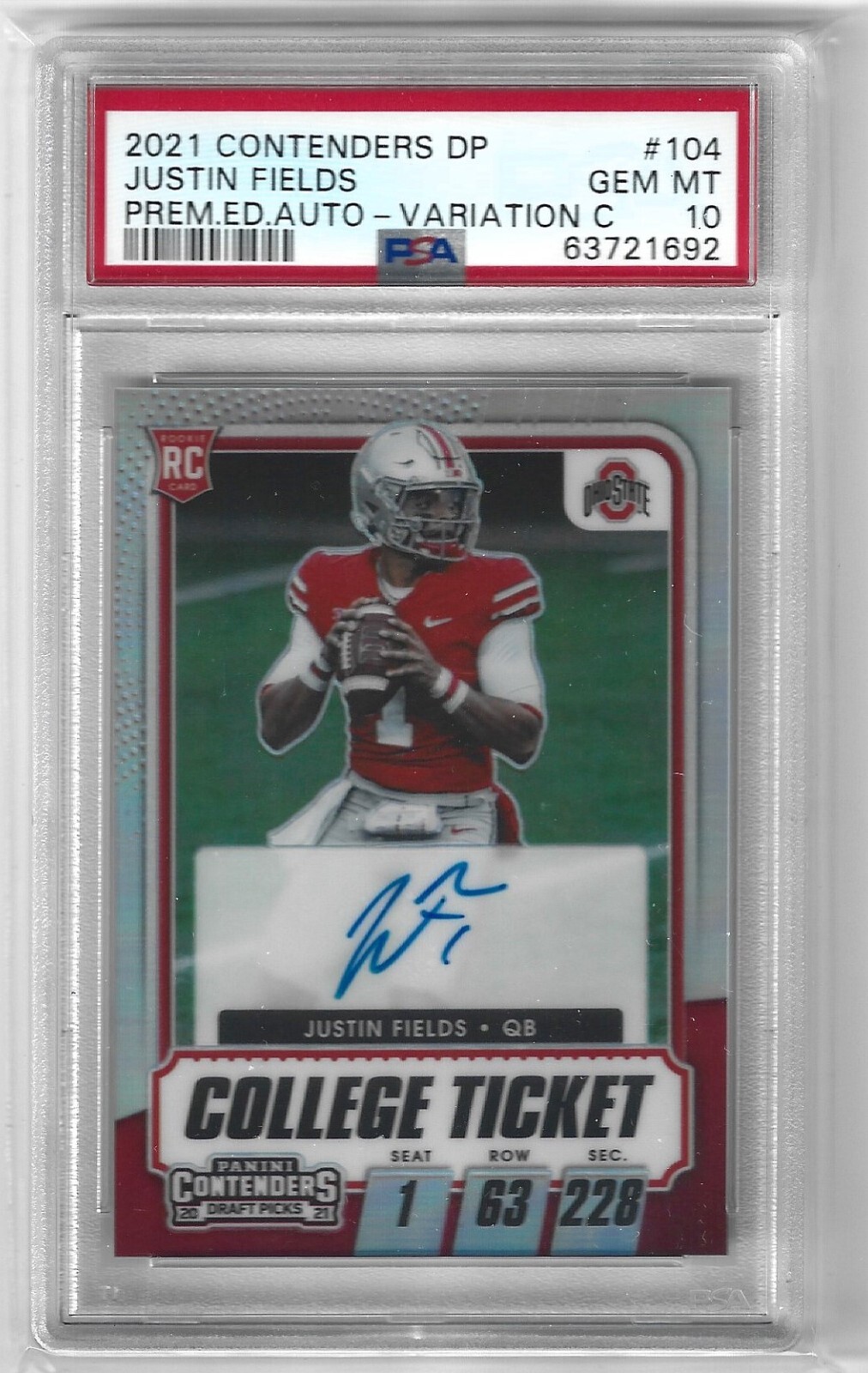 Justin Fields Panini Contenders Draft Picks #104 Premium Edition Autograph-Variation C