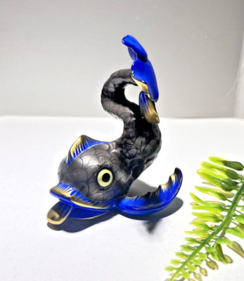 Herend, Hungary Hand Painted Porcelain Blue Koi Fish Figurine RARE  Signed