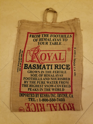 Royal Basmati Rice Empty Bag Burlap Jute Zipper Bag w/ Handles India 14'' x 19'' 