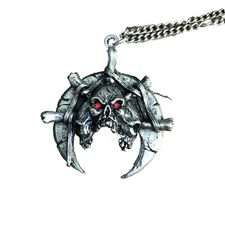 JPI Pendant 2000 Silver Tone Skull Red Eyes Necklace Signed Gothic Halloween