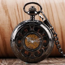 Vintage Mechanical Pocket Watch Flower Black Roman Numerals Hand Winding Chain