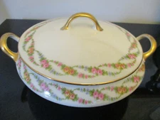 Antique M Redon PL Limoges Pink Rose Blue Floral & Gold Gilt Covered Casserole!