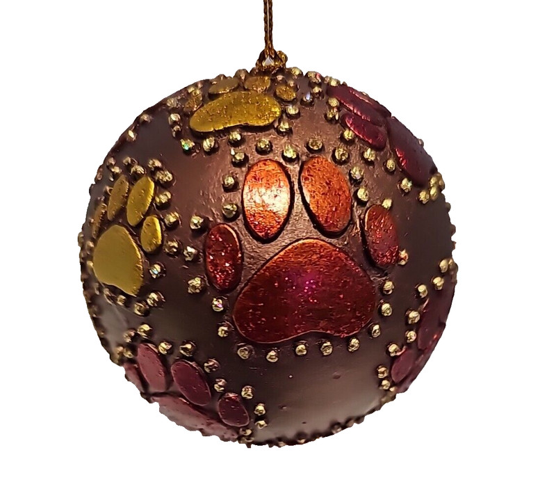 GreaterGood Beaded Paw Print 3.5" Ball Ornament Brown Red Gold Metallic Glitter